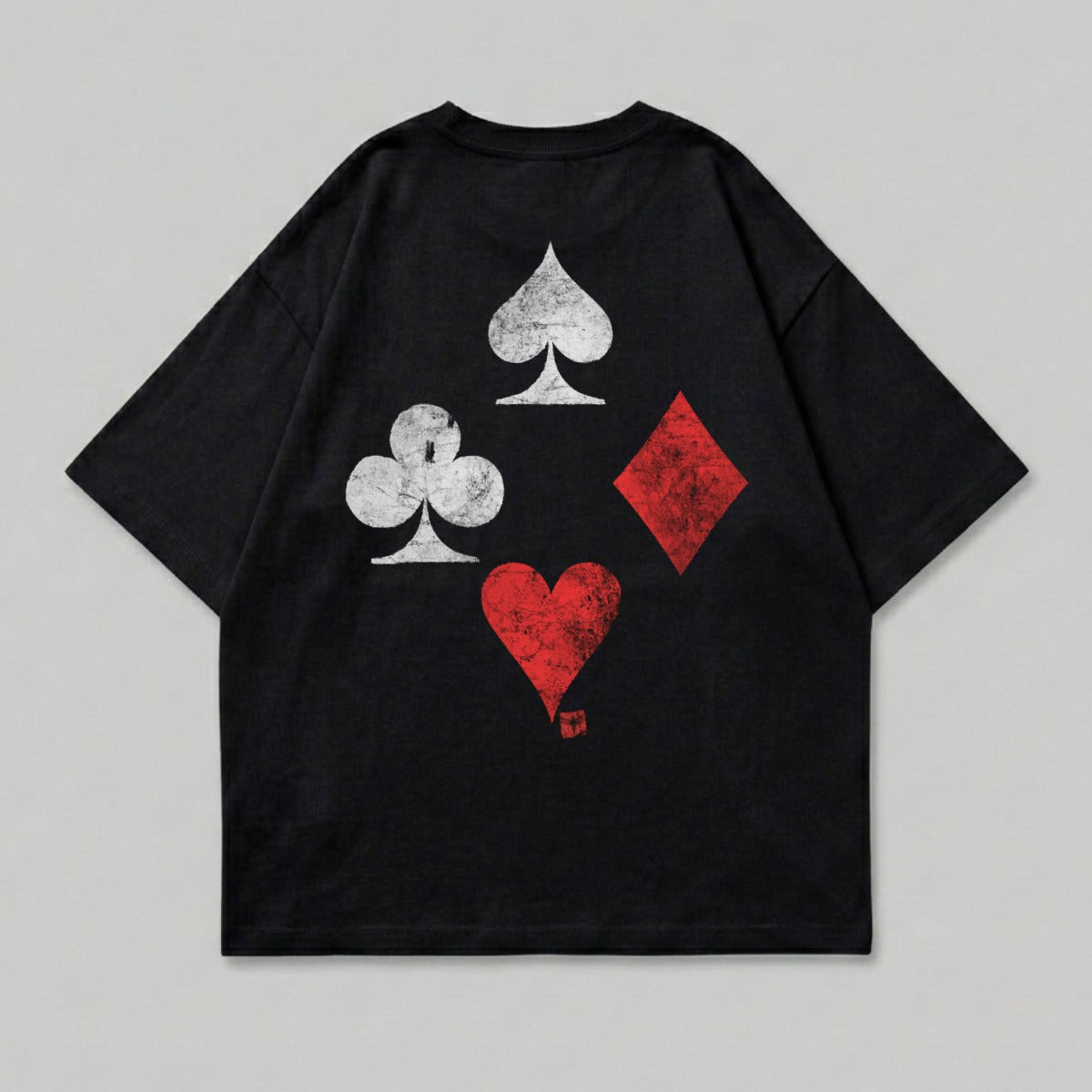 Black t-shirt with playing card suits: spade, club, diamond, and heart.