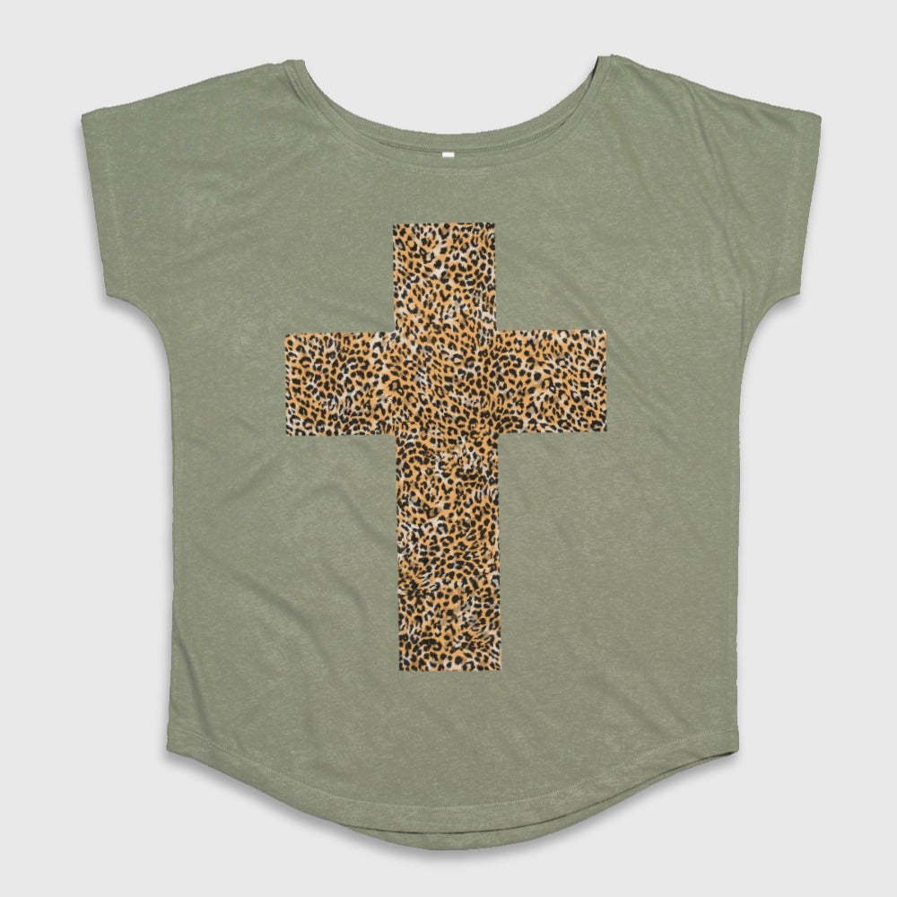 Leopard Print Cross Design on Green Women's Tee