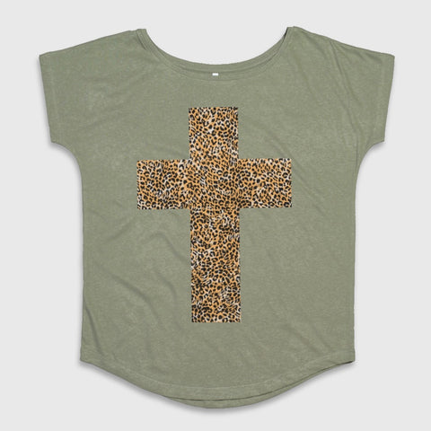 Leopard Print Cross Design on Green Women's Tee