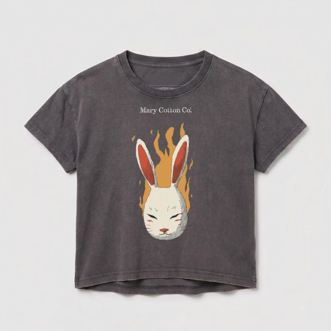 Grey t-shirt with a white rabbit mask and flames graphic.