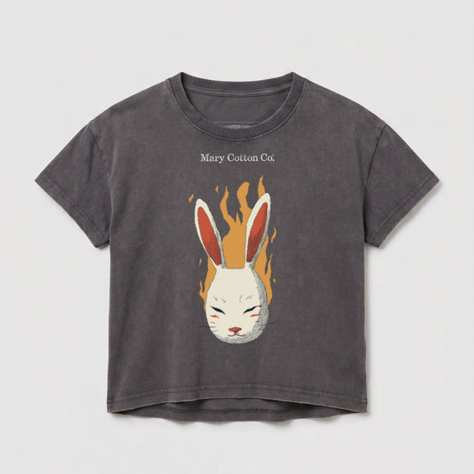 Grey t-shirt with a white rabbit mask and flames graphic.