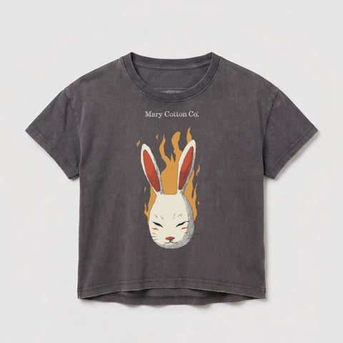 Grey t-shirt with a white rabbit mask and flames graphic.