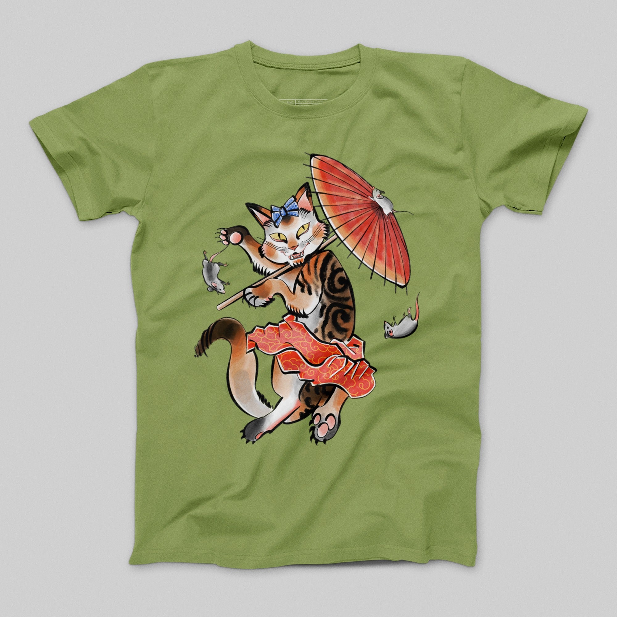 Colorful Cat Illustration with Umbrella T-Shirt