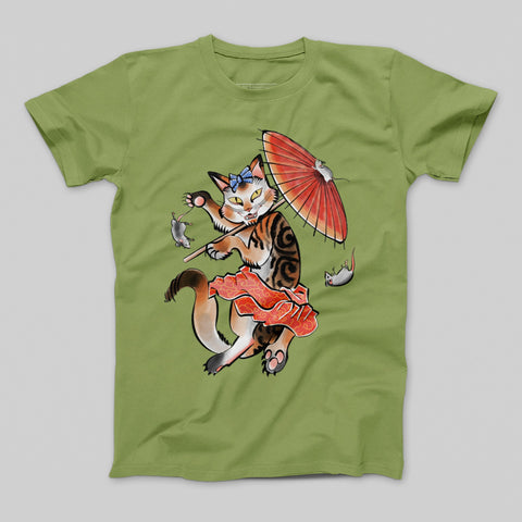 Colorful Cat Illustration with Umbrella T-Shirt
