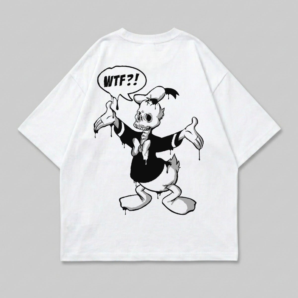 White t-shirt with skeletal Donald Duck graphic and "WTF?!" speech bubble.