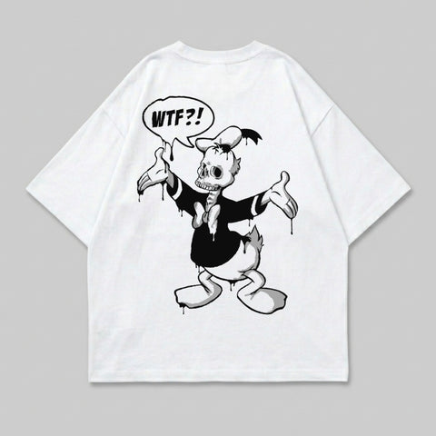 White t-shirt with skeletal Donald Duck graphic and "WTF?!" speech bubble.