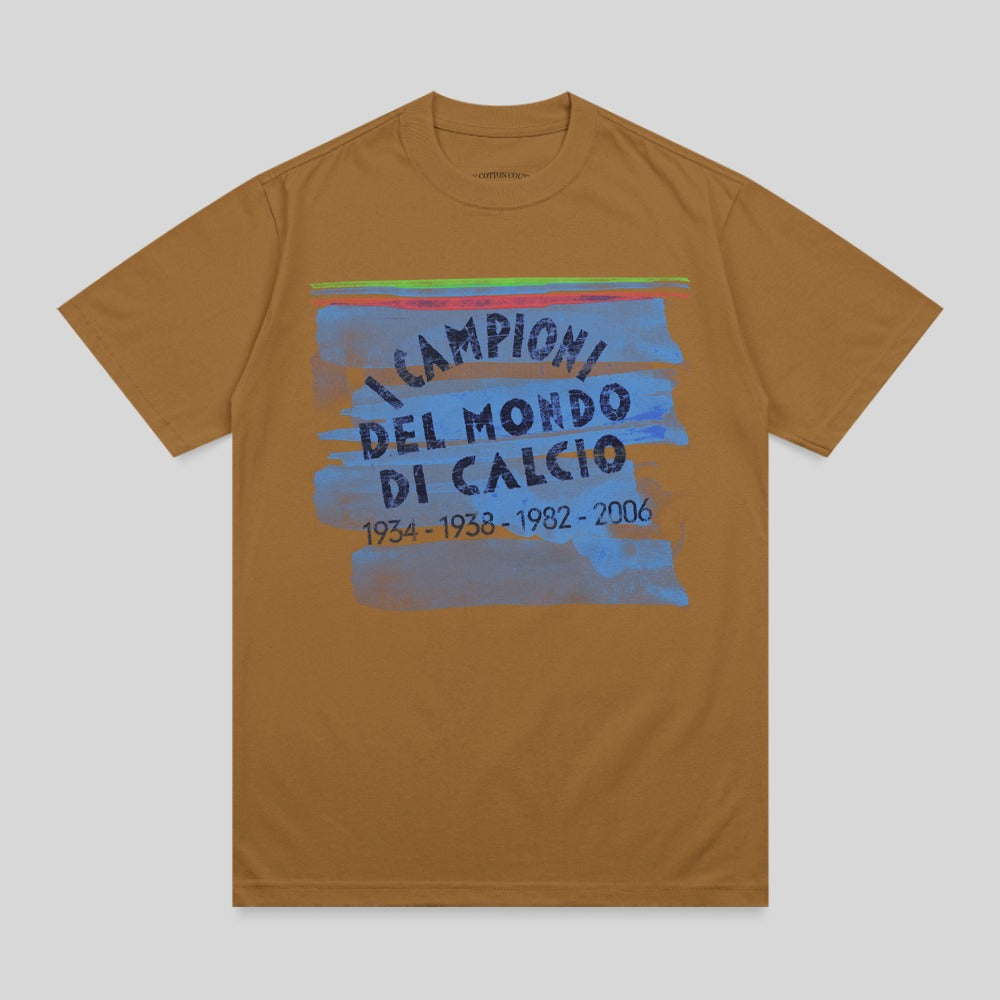 Brown t-shirt with "Campioni del Mondo" text and soccer championship years.