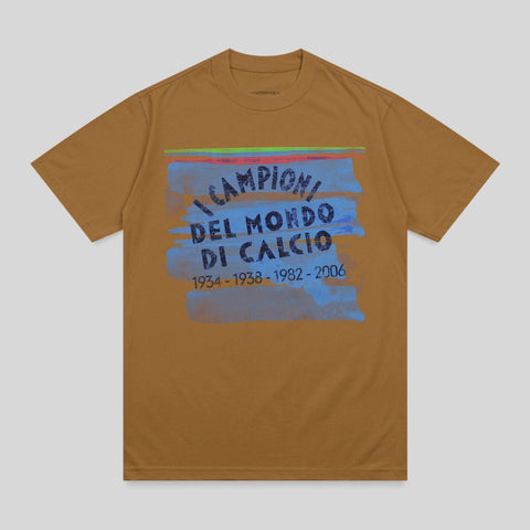 Brown t-shirt with "Campioni del Mondo" text and soccer championship years.