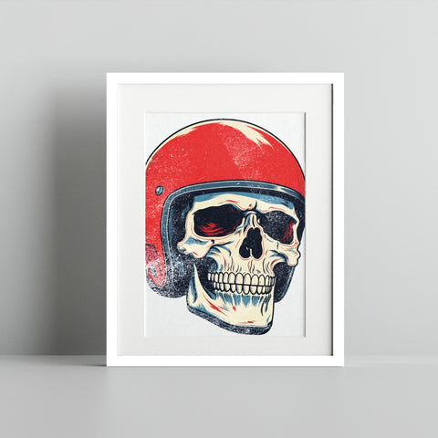 Skull with Red Helmet Art Print Retro Biker Decor Poster