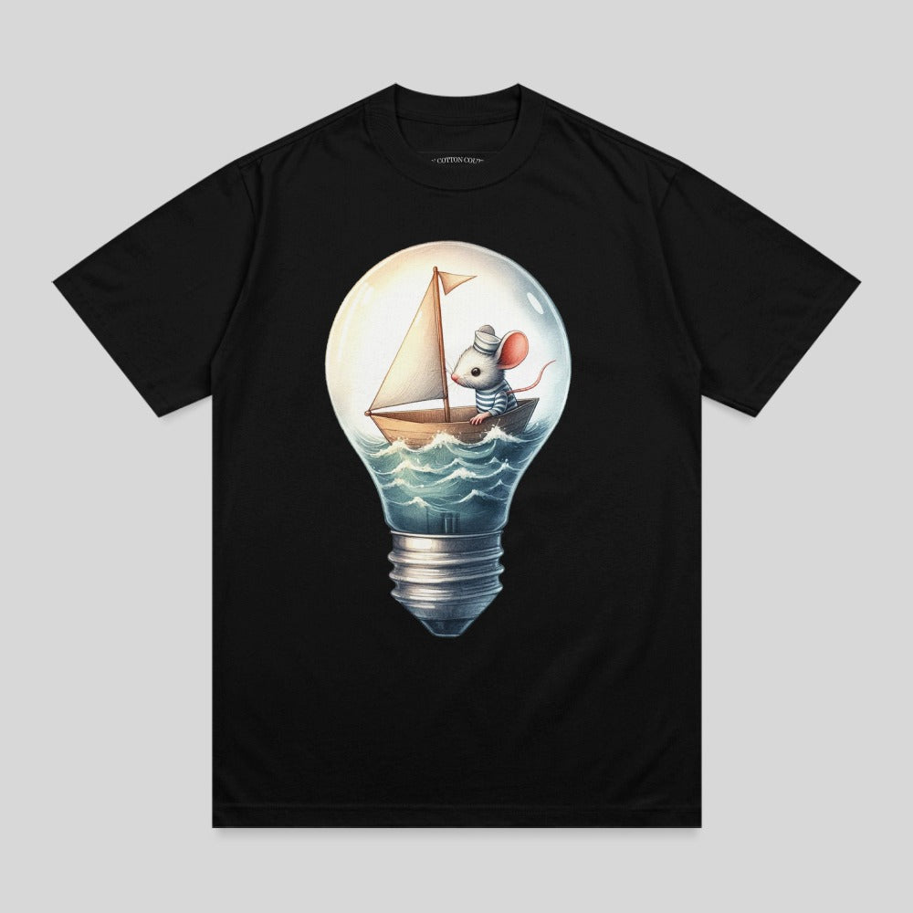 Mouse in a sailboat inside a lightbulb on water.