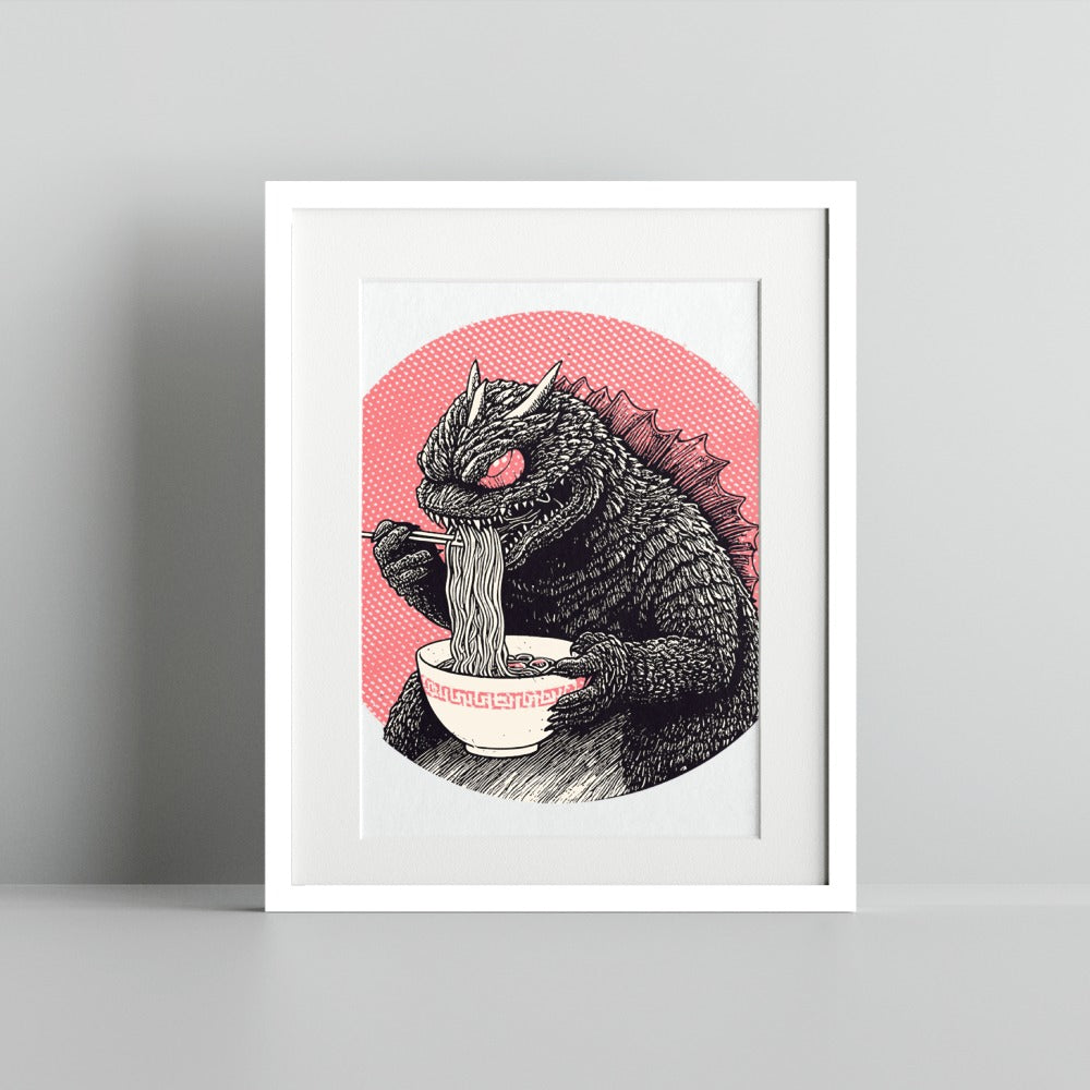 Godzilla Eating Ramen Unique Art Print for Home Decor