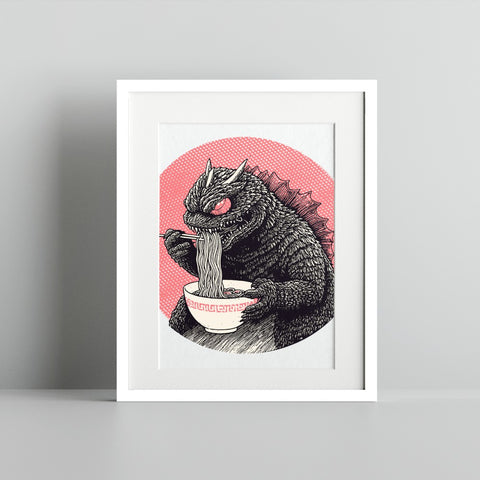 Godzilla Eating Ramen Unique Art Print for Home Decor
