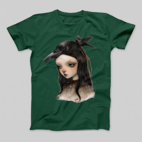 Raven Girl and Crow Fantasy Art Green T-shirt