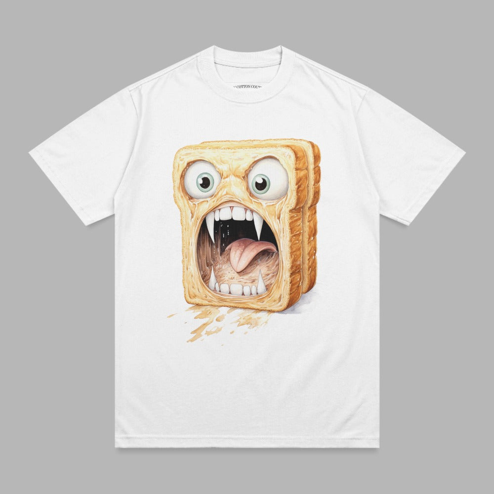 A slice of toast with a cartoon face, screaming with eyes wide open.