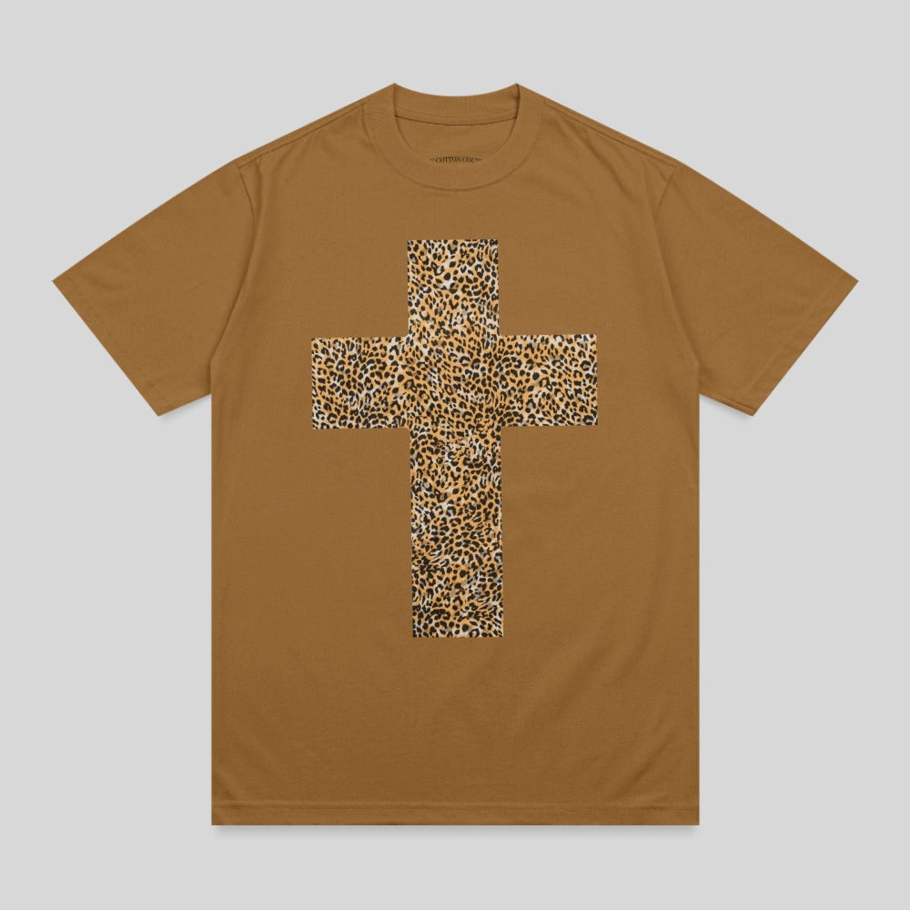 Brown t-shirt with a large leopard print cross graphic.