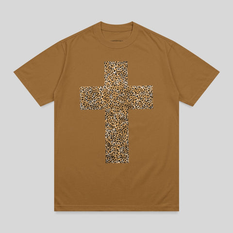 Brown t-shirt with a large leopard print cross graphic.