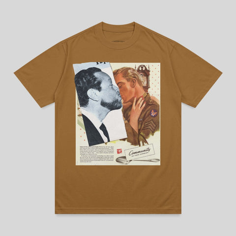 T-shirt with vintage artwork of two men kissing, with text.
