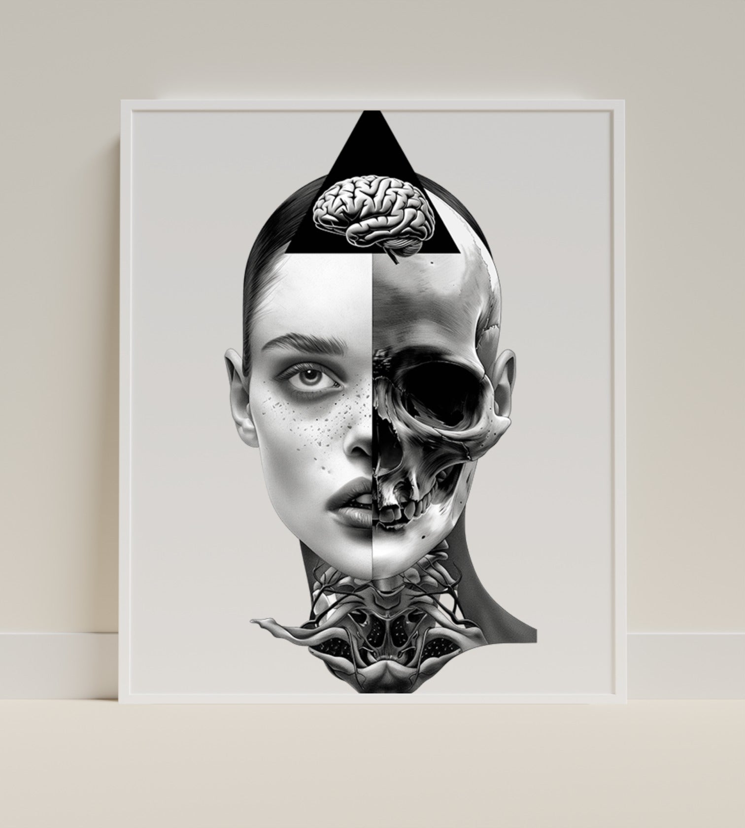 Surreal Anatomical Portrait with Brain and Skull Art Print