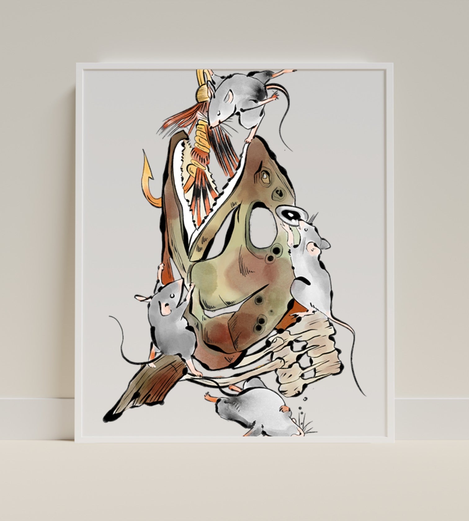Whimsical Mice Climbing Animal Skull Art Print