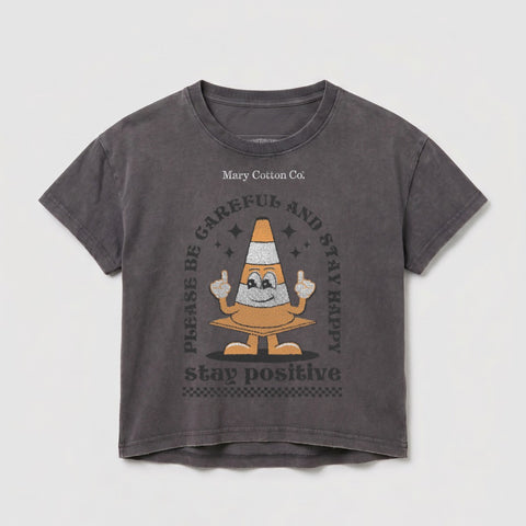 Dark grey t-shirt with traffic cone graphic and "STAY POSITIVE" text.