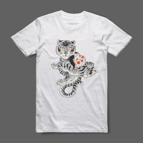 White T-Shirt with Unique Tiger and Koi Fish Design