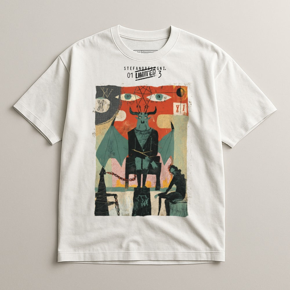 White t-shirt with surreal art featuring a horned figure and two seated figures.