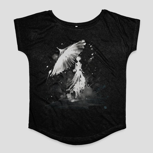 Ethereal Angel and Woman Art Print on Black Shirt