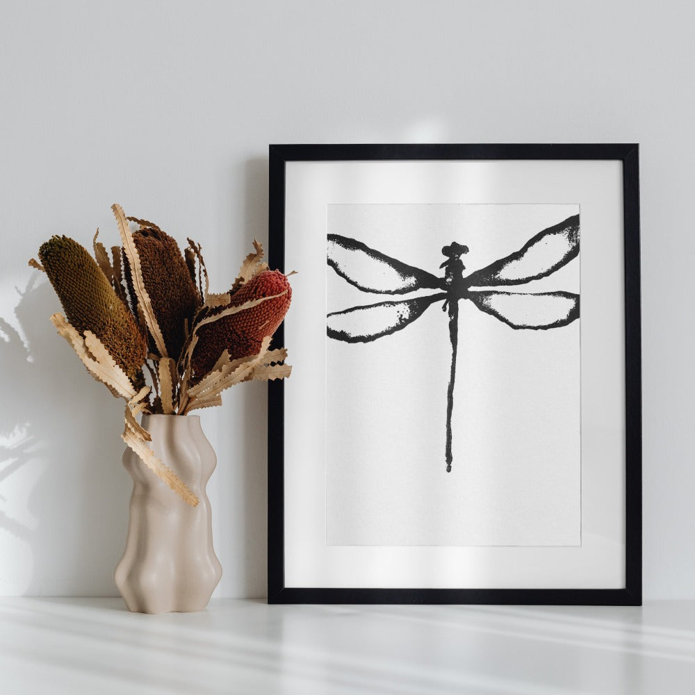 Black and White Dragonfly Print Wall Art Framed Decor