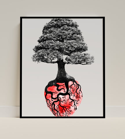 Surreal Tree with Heart Roots Art Poster Wall Decor