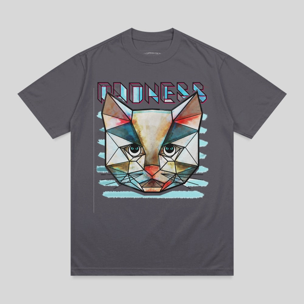Geometric cat face with blue stripes on a charcoal grey t-shirt.