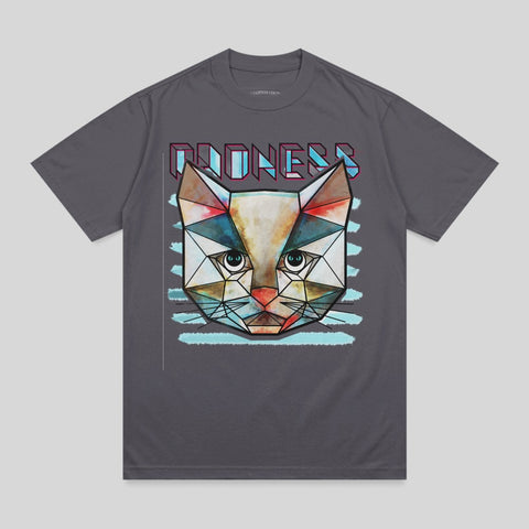 Geometric cat face with blue stripes on a charcoal grey t-shirt.