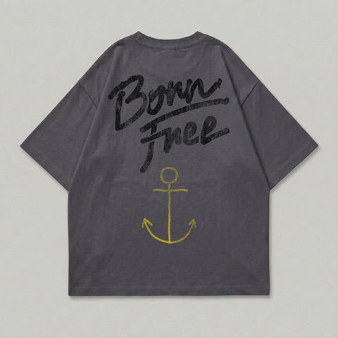 Dark grey t-shirt with yellow "Born Free" text and anchor graphic.