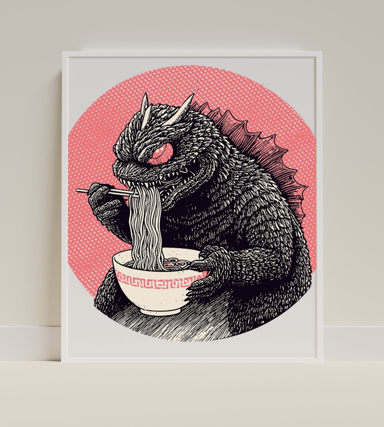 Godzilla Eating Ramen Illustration Art Print