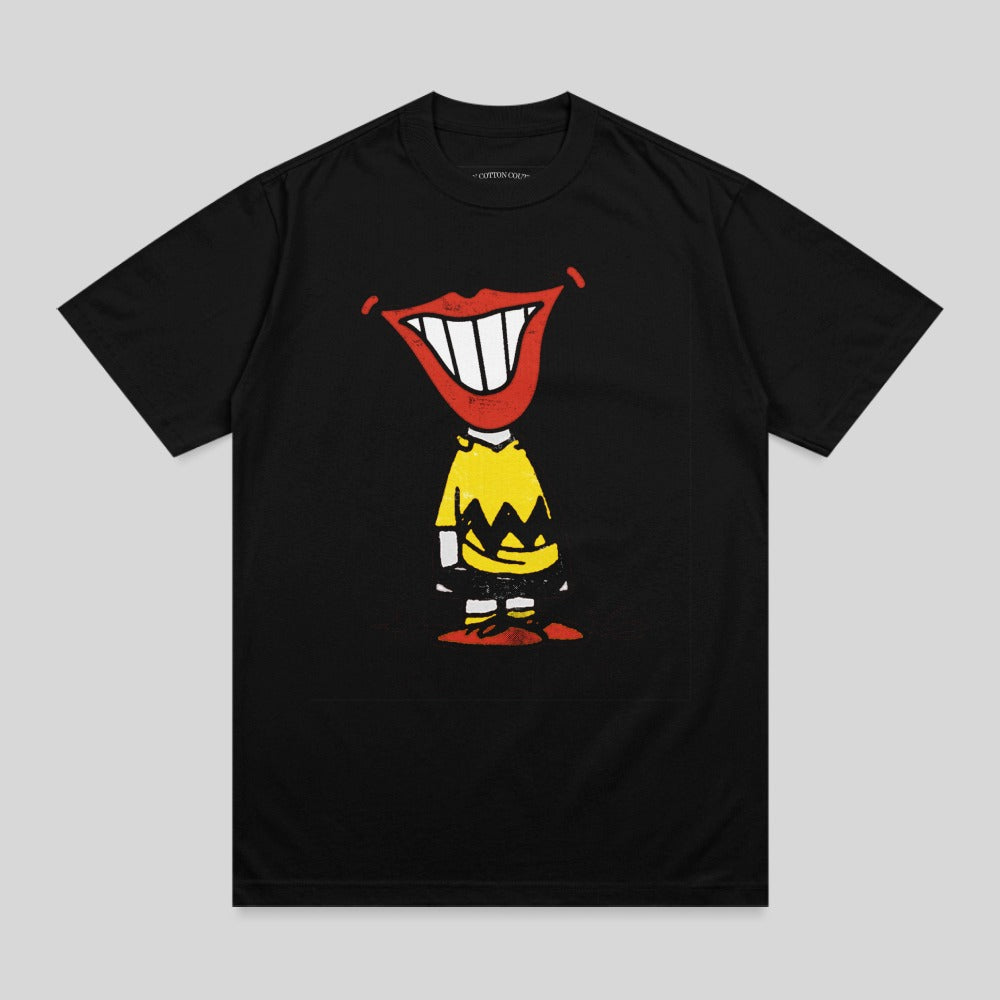 Black t-shirt featuring Charlie Brown with a large, wide smile.