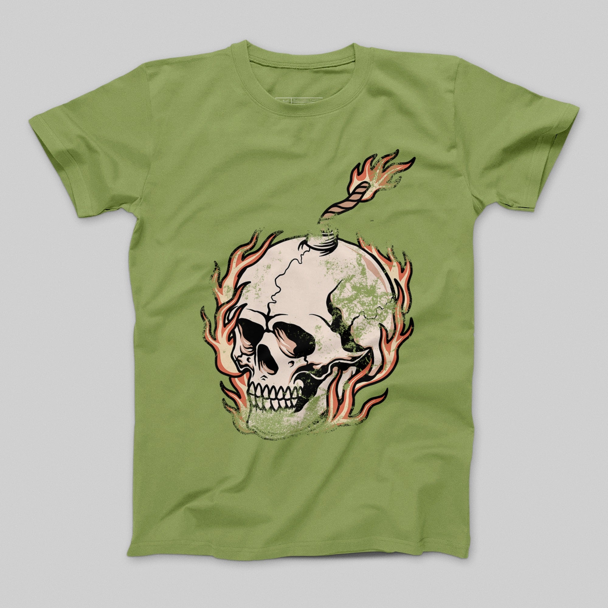Flaming Skull Design on Green Tee Shirt
