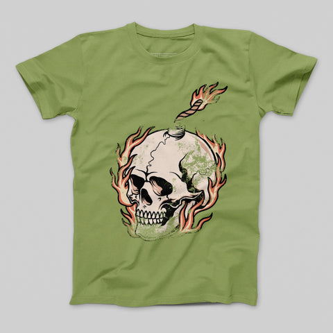 Flaming Skull Design on Green Tee Shirt