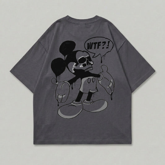 T-shirt featuring a cartoon character with skull face and "WTF?!" speech bubble.