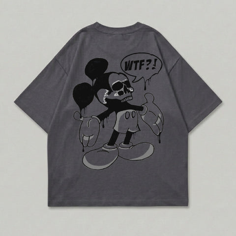 T-shirt featuring a cartoon character with skull face and "WTF?!" speech bubble.
