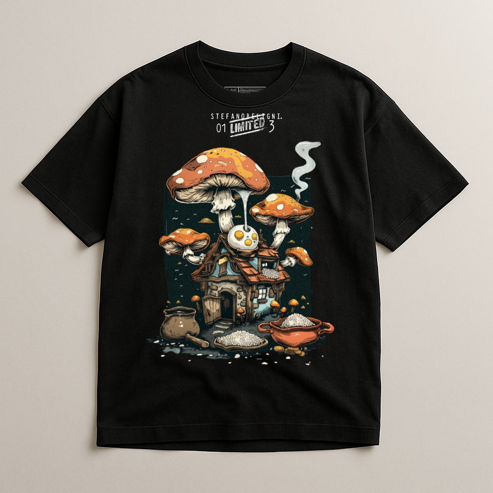 Whimsical Mushroom Cottage Graphic Black T-Shirt