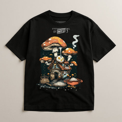 Whimsical Mushroom Cottage Graphic Black T-Shirt