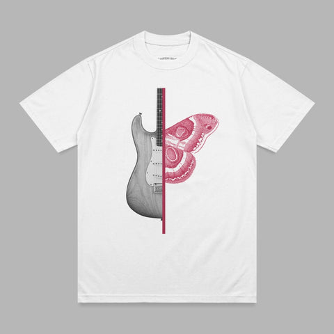 White t-shirt with a split graphic of a guitar and a pink butterfly.