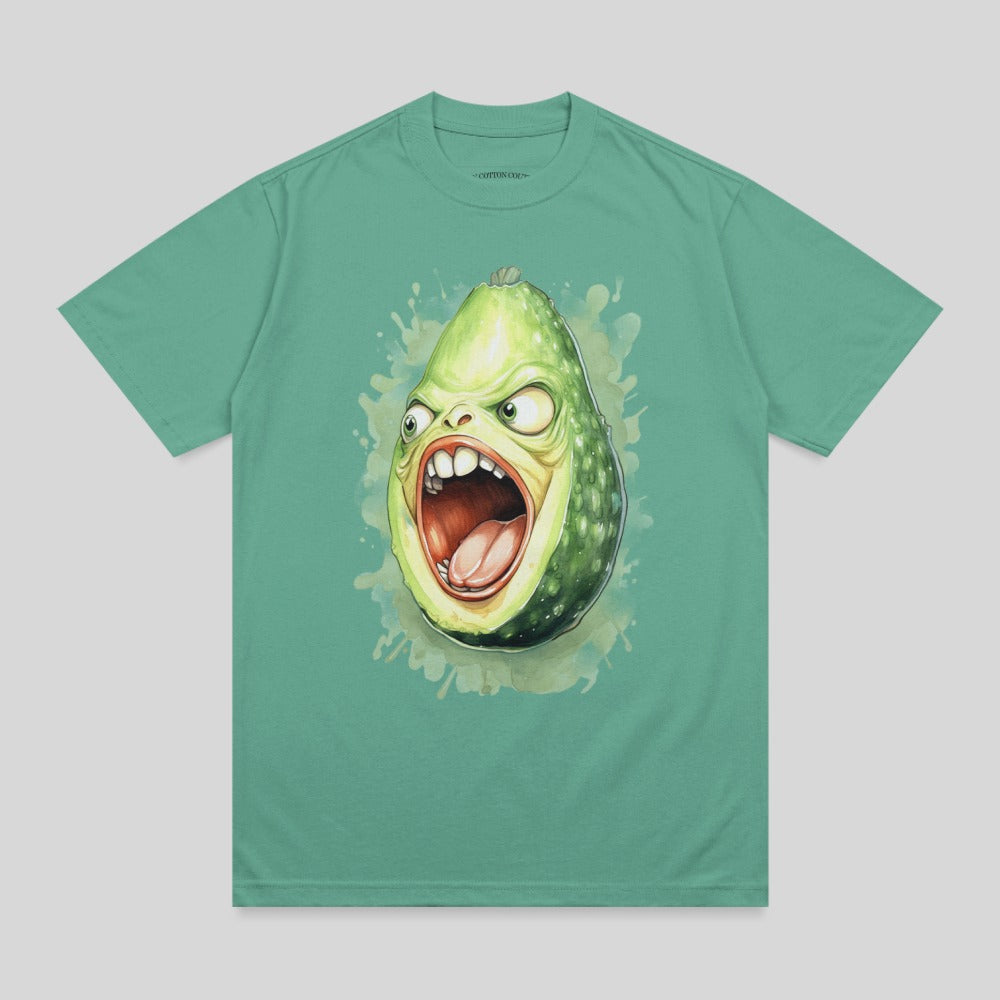 Screaming avocado illustration with splatters on a green t-shirt.