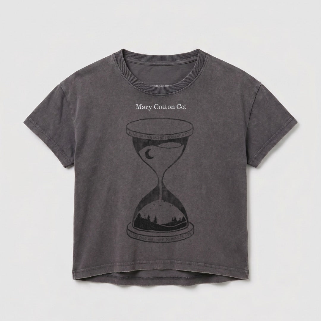 Dark gray cropped t-shirt with hourglass graphic and text.