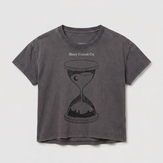 Dark gray cropped t-shirt with hourglass graphic and text.