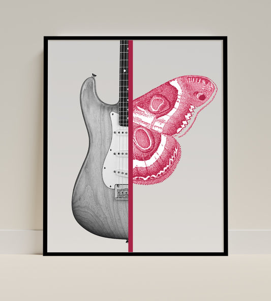 Guitar and Butterfly Split Art Print Poster