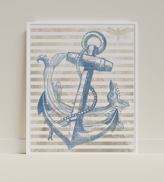 Nautical Anchor with Fish Decor Vintage Wall Art Print