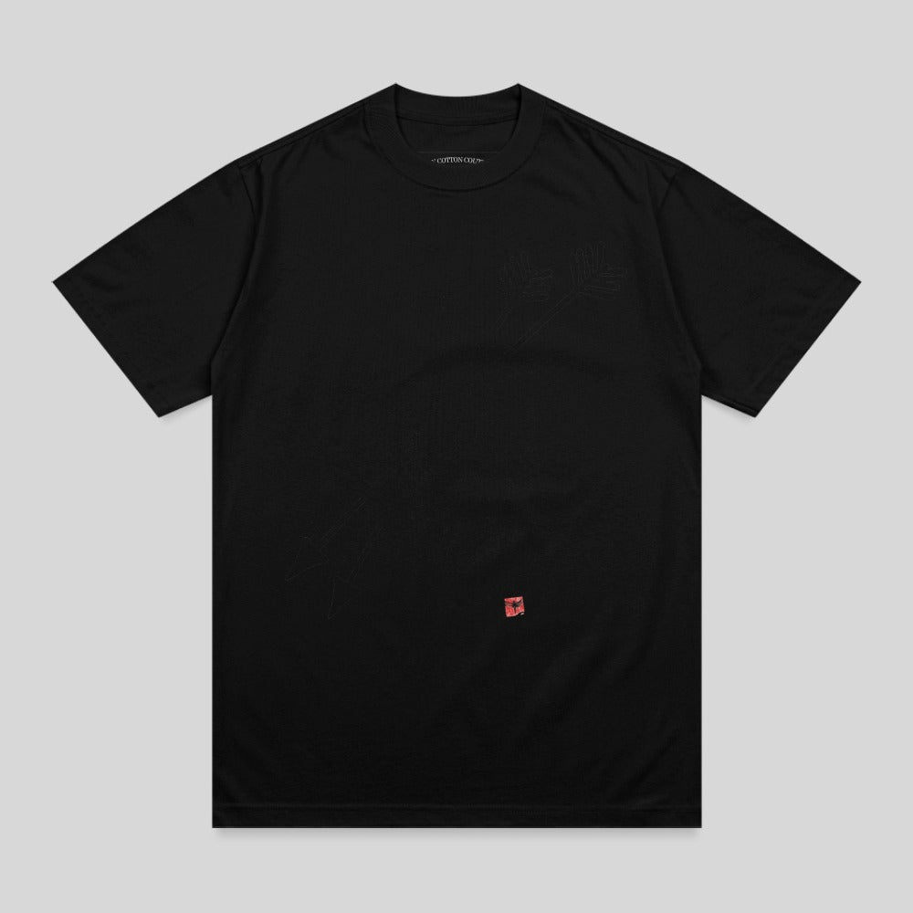 Black minimalist short sleeve top front graphic red accent product type