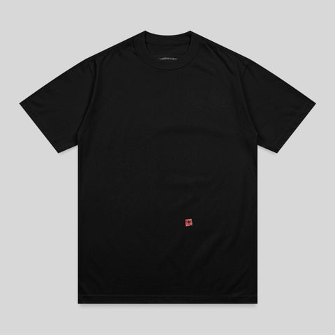 Black minimalist short sleeve top front graphic red accent product type