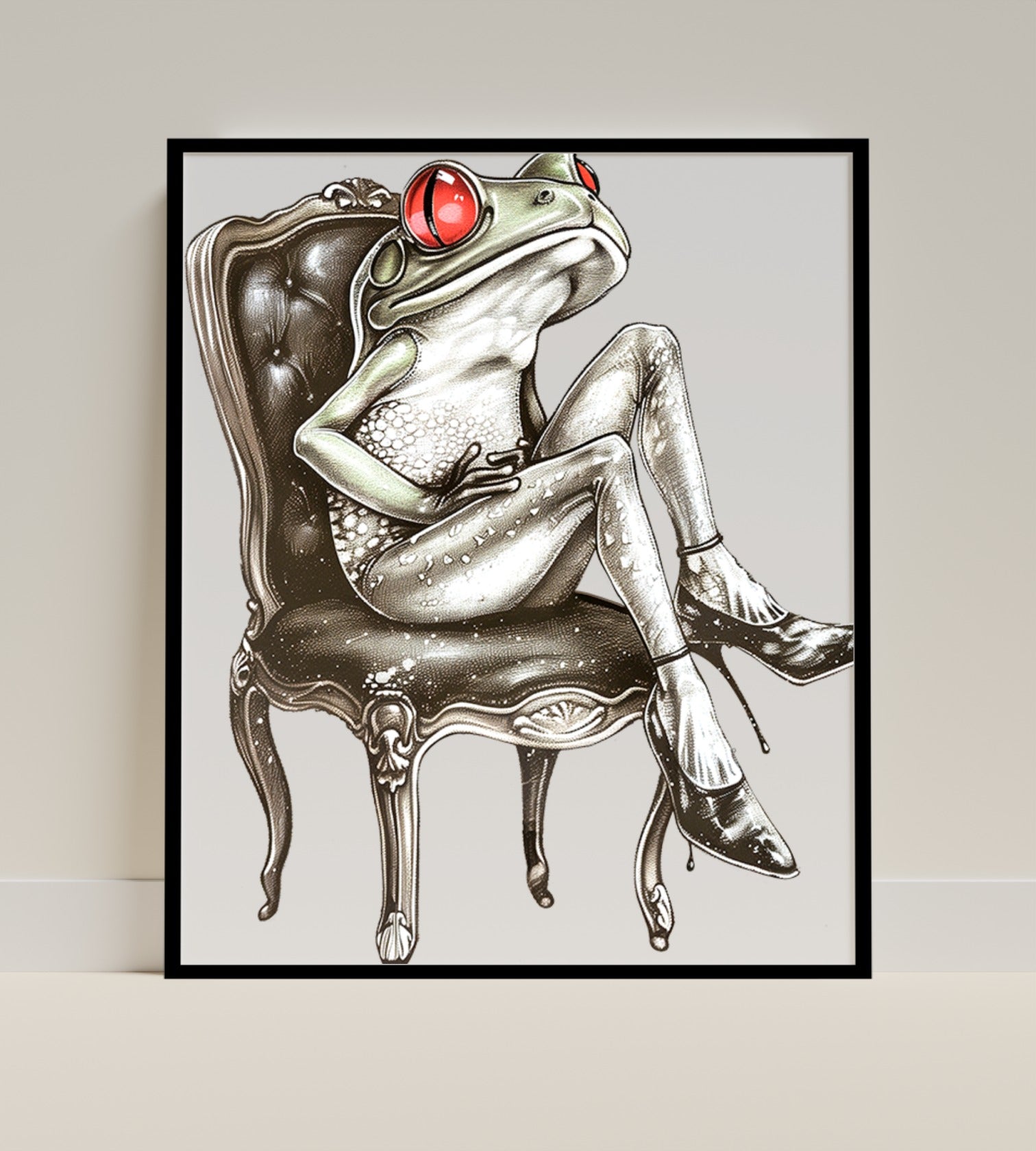 Red-Eyed Tree Frog Sitting on Victorian Chair Poster