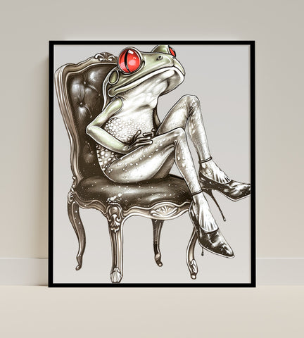 Red-Eyed Tree Frog Sitting on Victorian Chair Poster